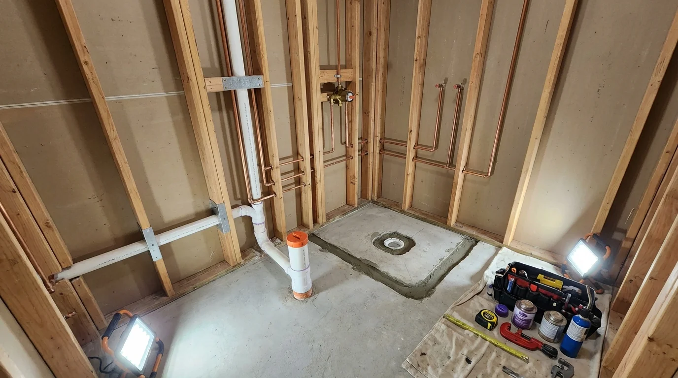 Bathroom rough-in plumbing during remodel by Johns Plumbing LLC in Blue Lake