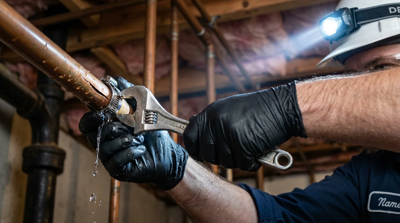 Emergency pipe clamp repair being performed by a Johns Plumbing LLC plumber in Blue Lake