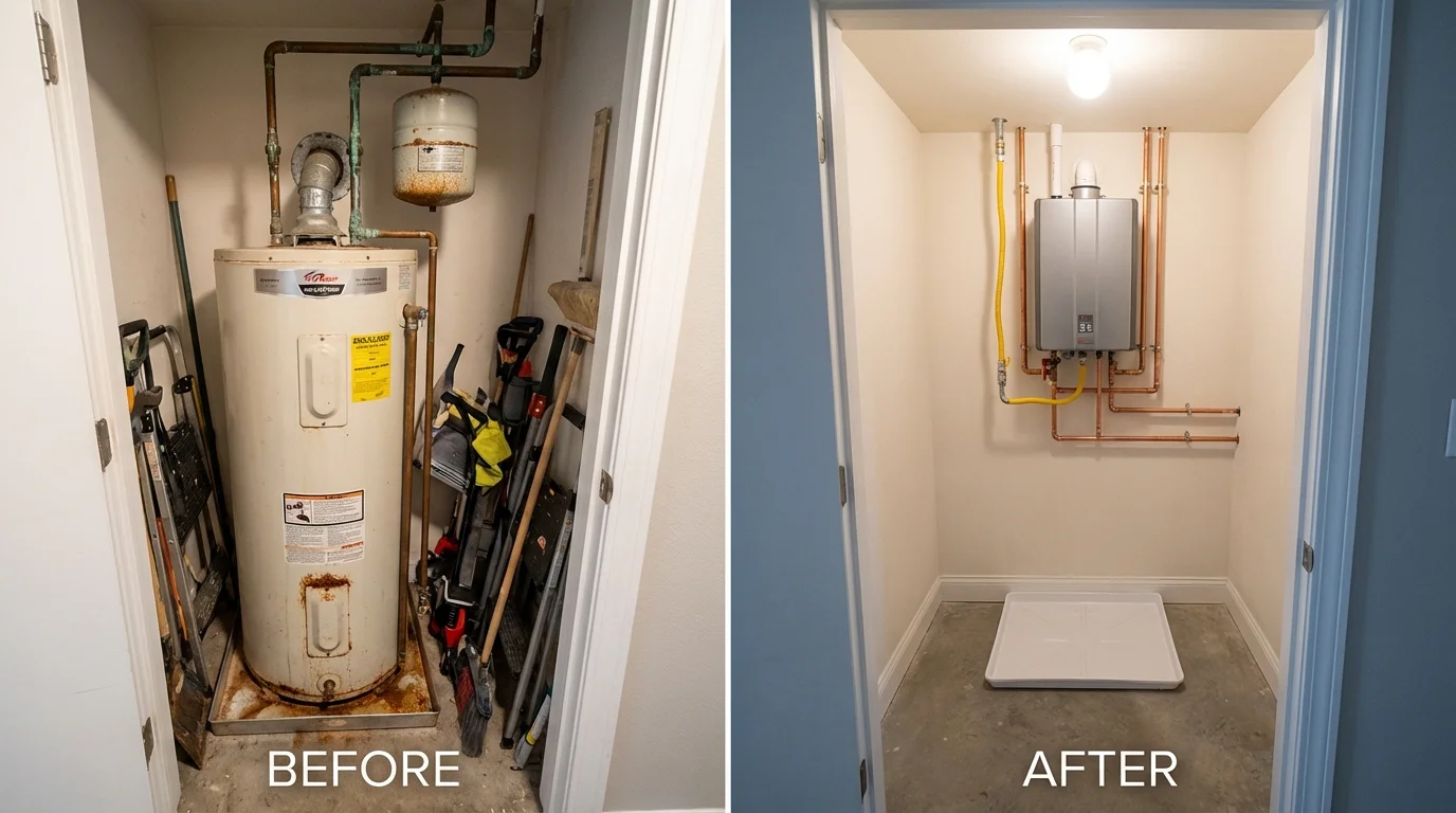 Tank water heater versus wall-mounted tankless unit comparison for Blue Lake, CA homeowners
