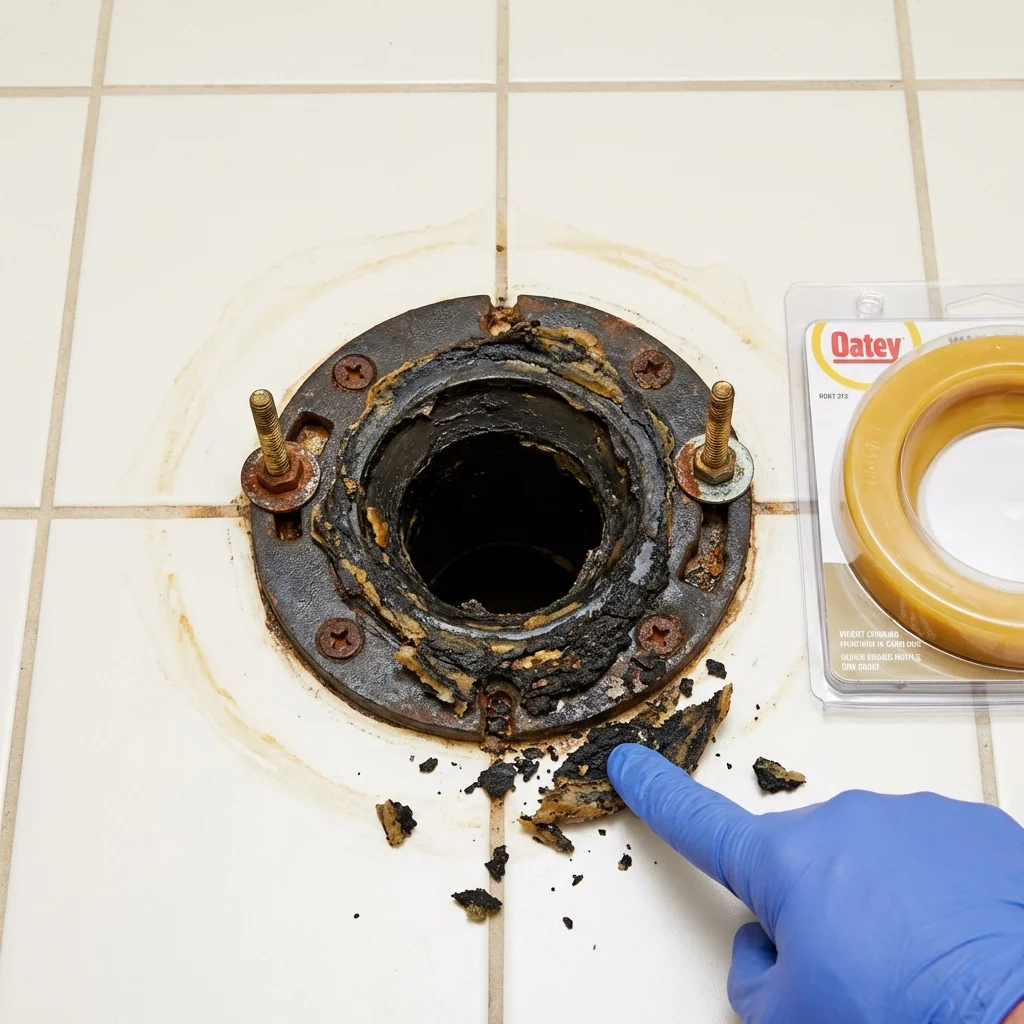Failed wax ring showing water seepage at the base of a toilet in a Blue Lake, CA home