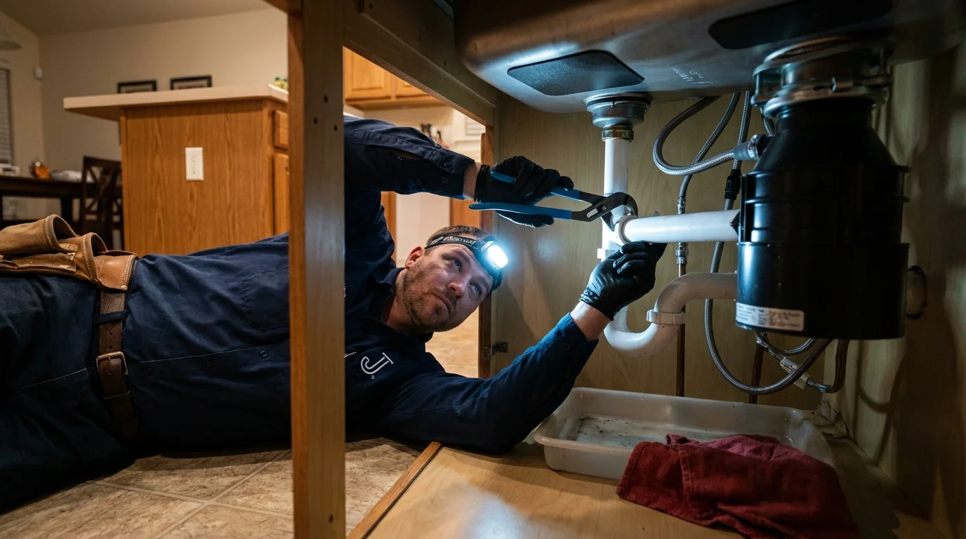 P-trap and supply line connections under a kitchen sink showing a common leak point in Blue Lake, CA